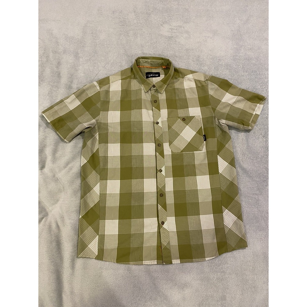 Orvis Tech Button Up Shirt Mens Large L Green‎ Plaid Pocket Lightweight Casual